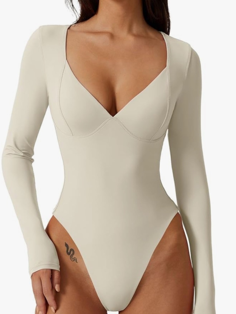 Long Sleeve V-Neck Seam Detail Bodysuit in Cream